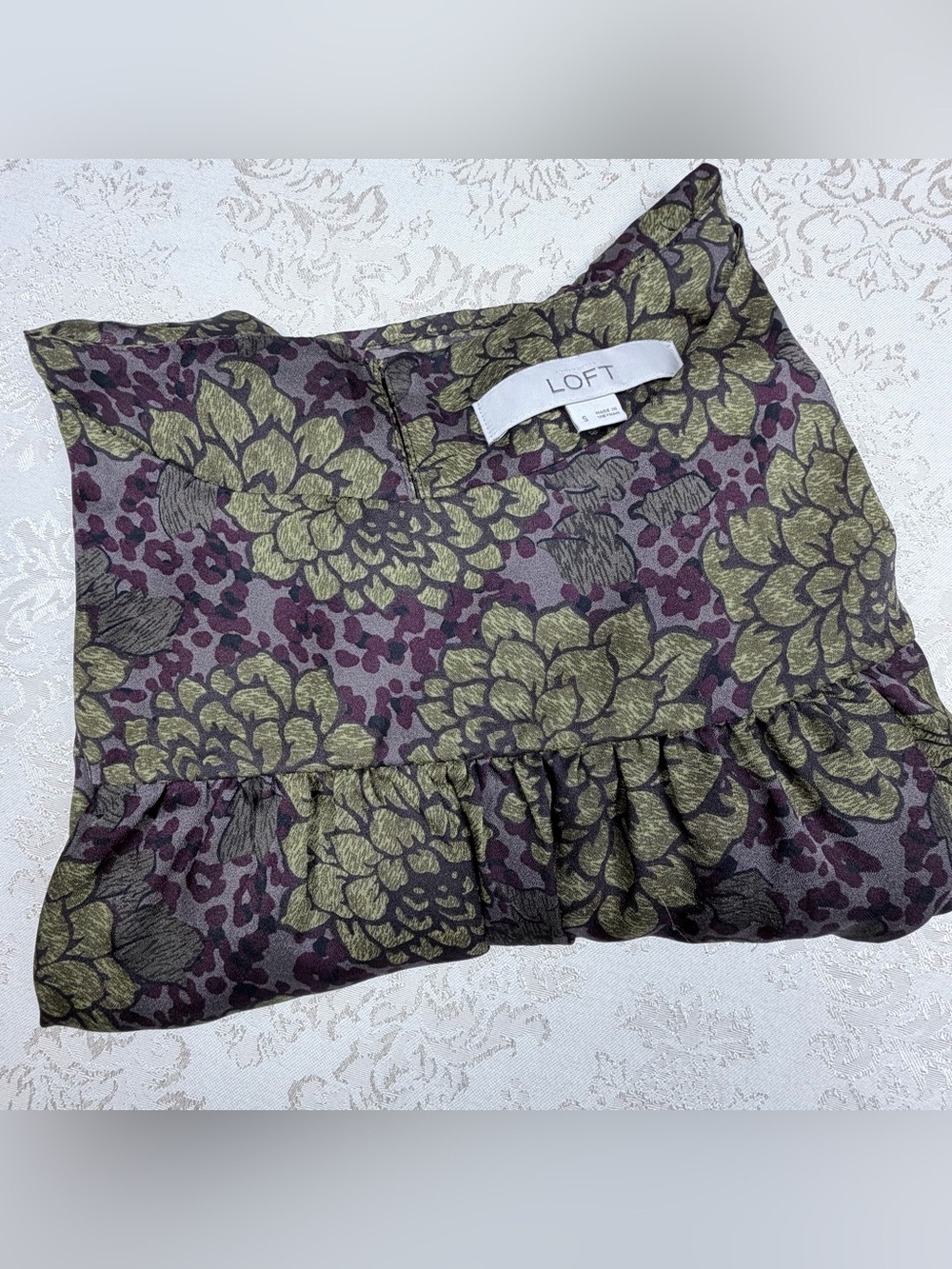 LOFT Olive & Plum Floral Sheer Blouse, Small